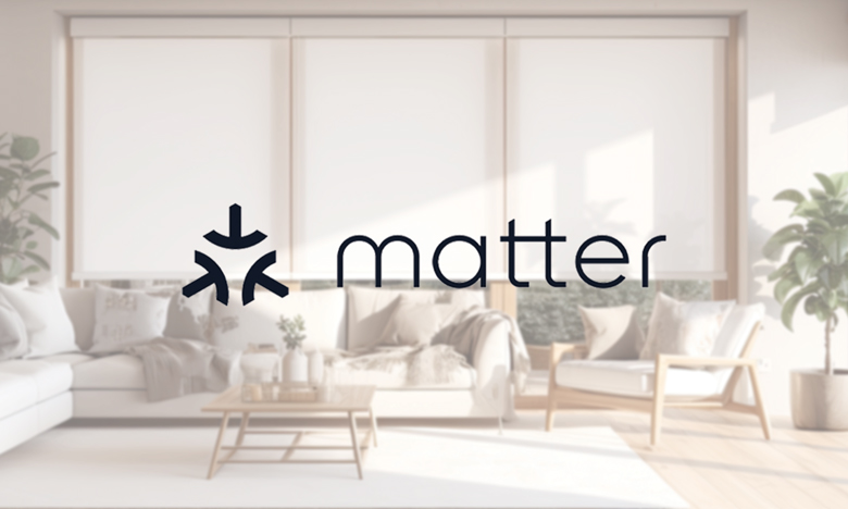 A living room with neutral decor with the Matter logo on top