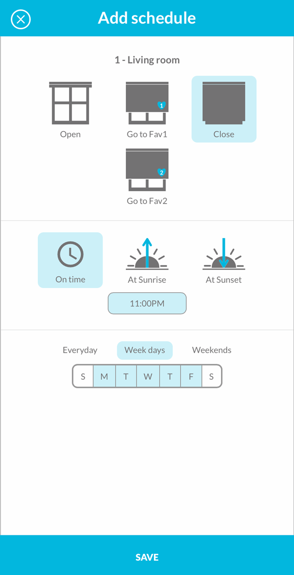 Smart Controller App adding a schedule to a motorized blind or shade