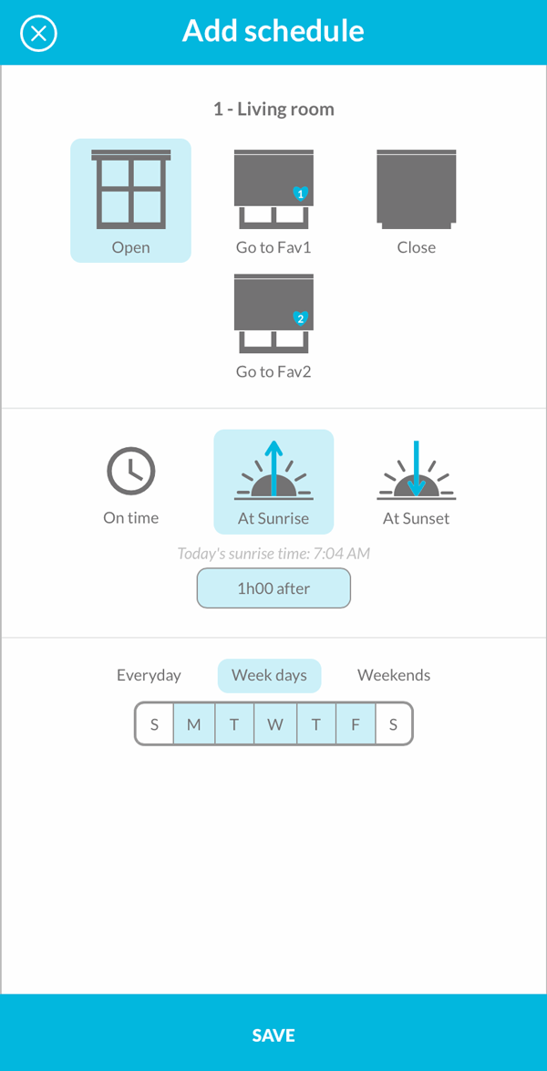 Smart Controller App adding a relative schedule to a motorized blind or shade
