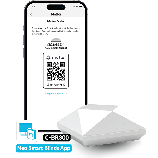 Phone showing the Matter Integration page in the Neo Smart Blinds app
