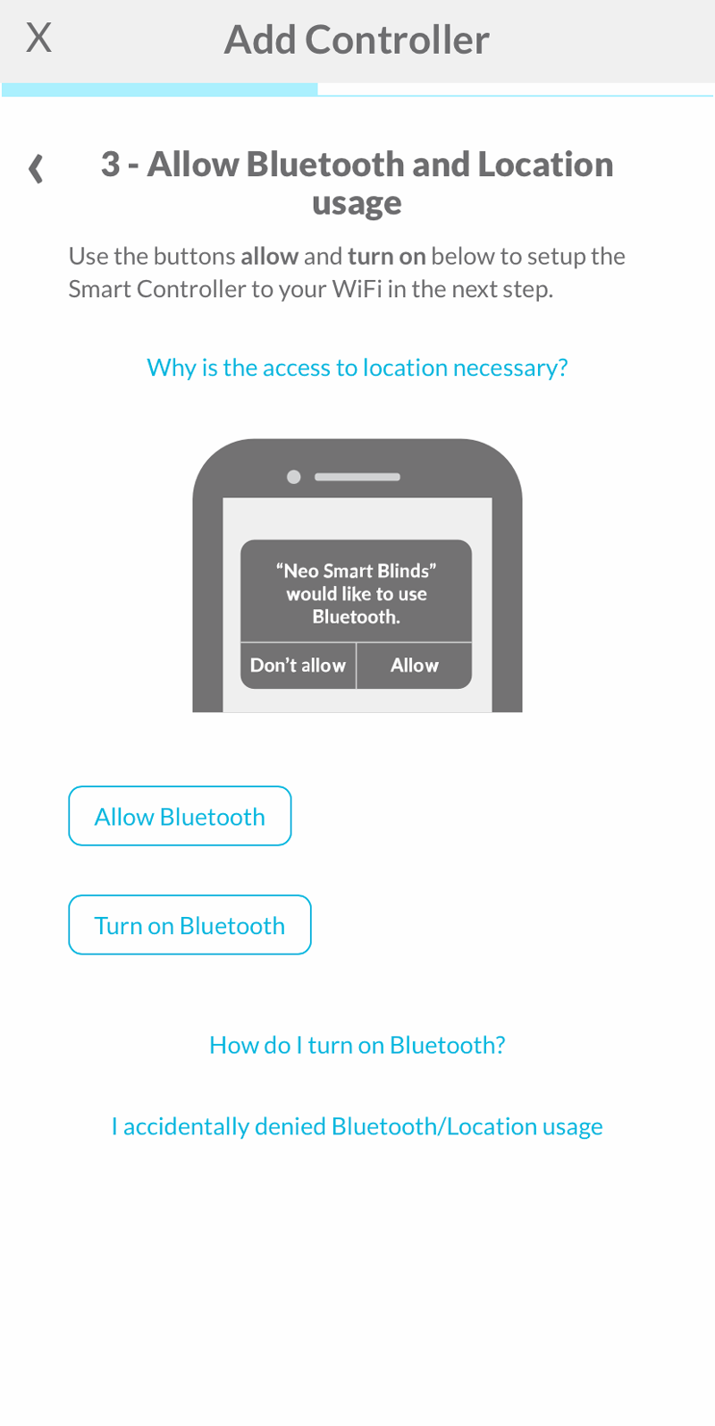 App showing two buttons, one to allow bluetooth usage and other to turn on bluetooth