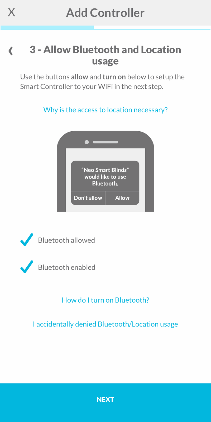 App showing Bluetooth usage was allowed and blutooth is enabled