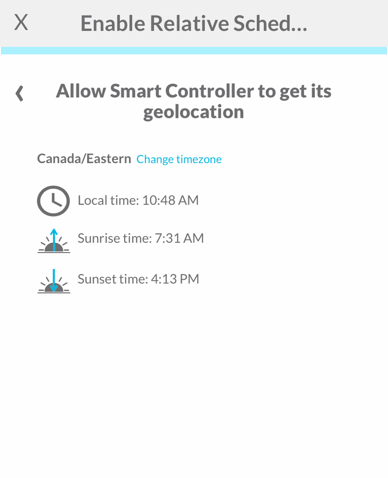Step to confirm the app set timezone, local time and sunrise and sunset times correctly