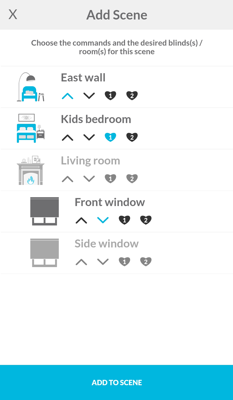 list of blinds and rooms with their respective control commands selected and the button add to scene available to the user