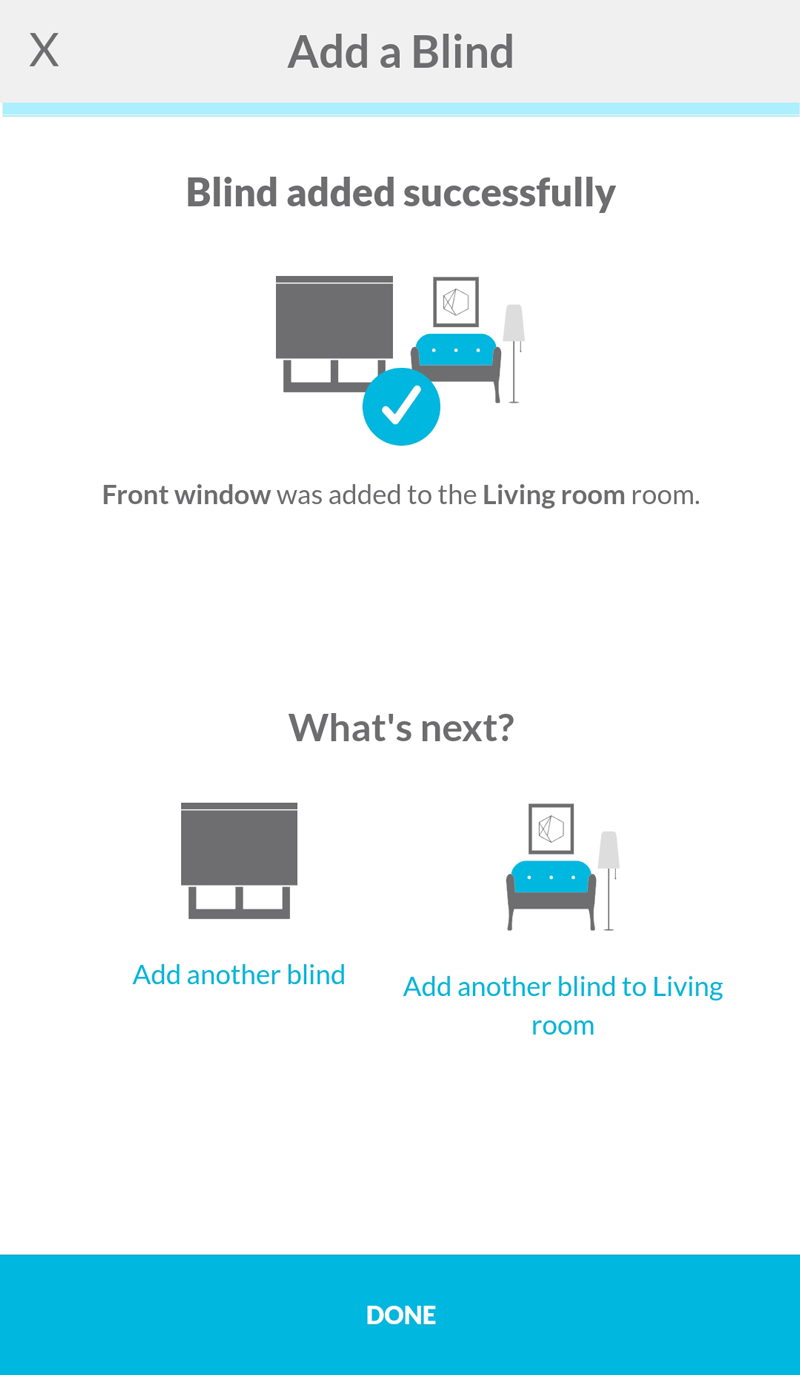 Confirmation that the blind was added successfully and a button to add another blind
