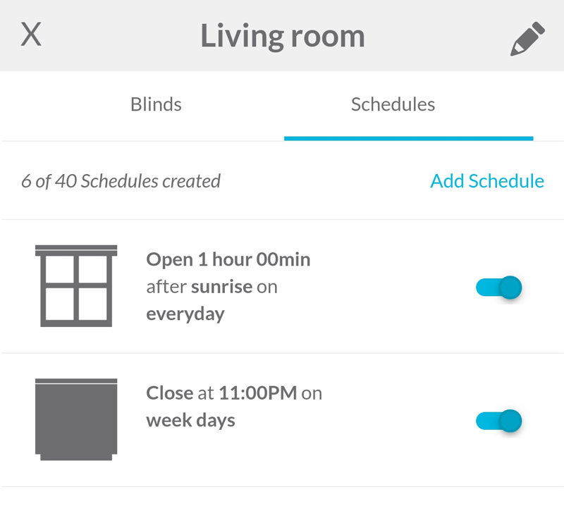 Schedule list for the motorized blinds in the living room
