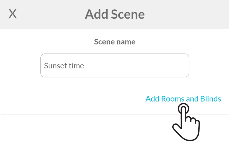 user chooses a name to the new scene and taps on the button add rooms and blinds