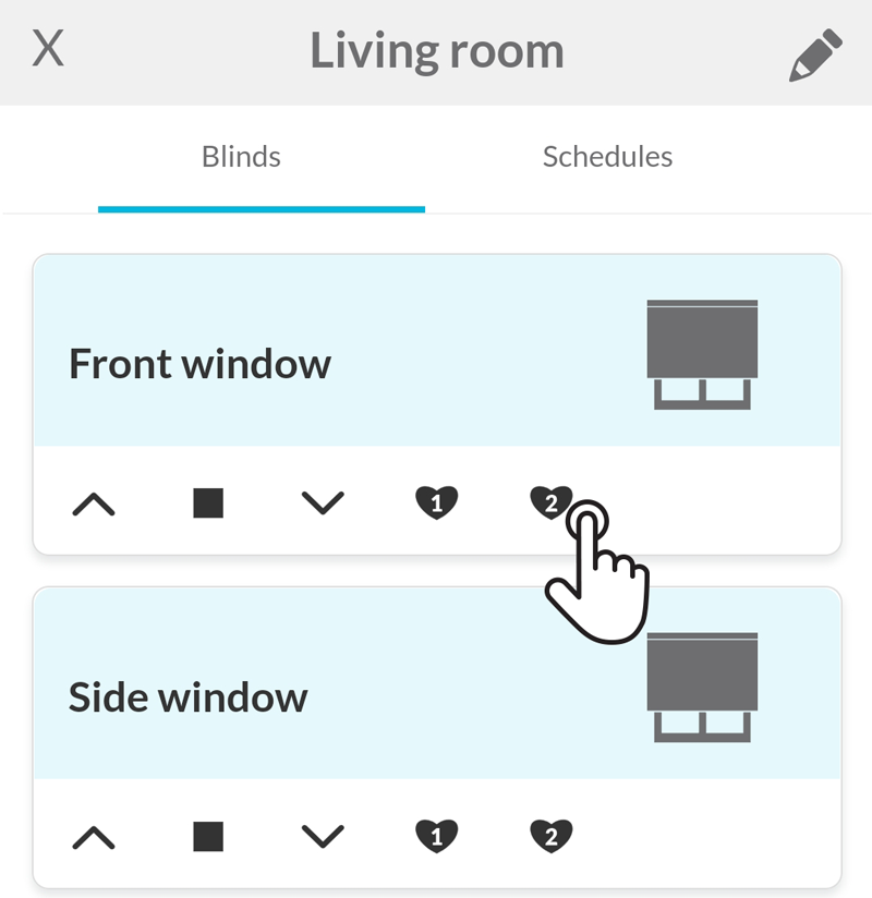 User tapping on the favourite position two button of a blind called front window
