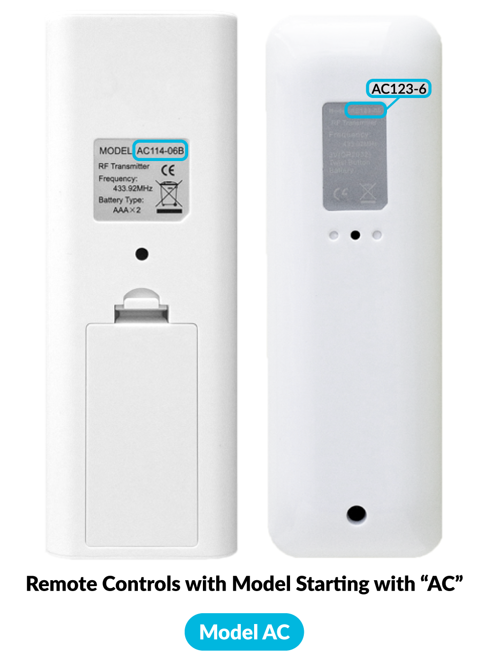 Examples of remote controls with a label indicating a model starting with AC